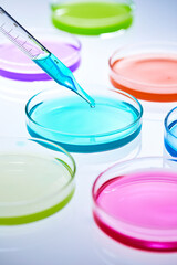 colorful and various solutions in petri dishes, laboratory experiment	