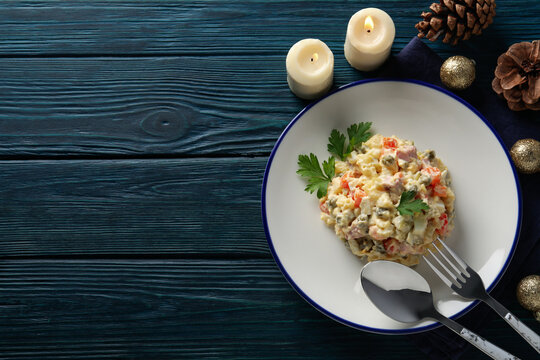 Concept of New year food, Olivier salad, space for text