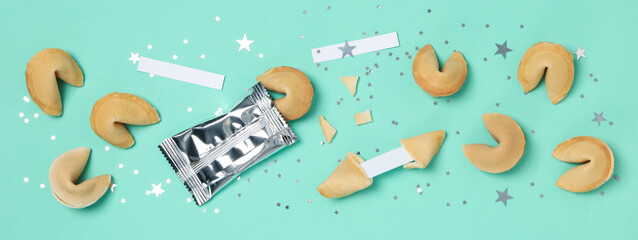 Chinese fortune cookies with prediction words, top view