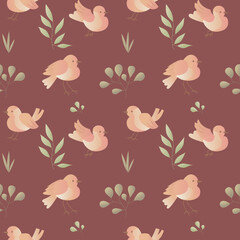 Leaves and bird seamless pattern in vintage style. Natural background for fabrics, textiles, nursery design, wallpapers, etc.