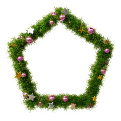 Fototapeta na wymiar Cute and beautiful christmas wreath pentagon frame with shiny stars and pink orbs, on transparent background (RGBA 3D Rendering PNG)
