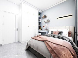 3D rendering, clean and tidy Nordic style bedroom design
