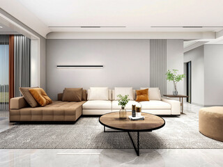 3D rendering, wooden Nordic style living room design