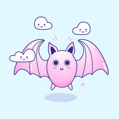 Vector kawaii bat. Cute smiling Halloween character with wings and clouds.