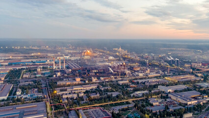 Fototapeta na wymiar Lipetsk, Russia. Iron and Steel Works. Left Bank District. Time after sunset, Aerial View