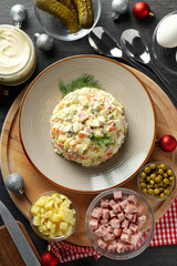 Concept of New year food, Olivier salad, top view