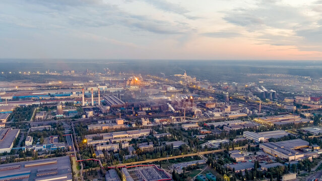 Lipetsk, Russia. Iron and Steel Works. Left Bank District. Time after sunset, Aerial View © nikitamaykov