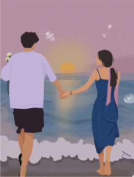 Anime couple enjoying sunset, illustration.