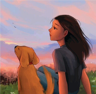 young woman with dog, illustration