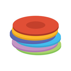 Set of six clean plates of various colors, designs on white background
