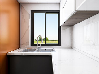 3D rendering, bright kitchen design）