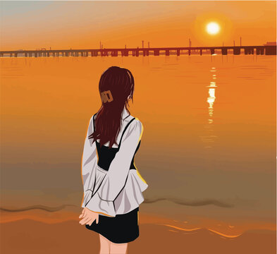 anime girl enjoying sunset, digital art illustration