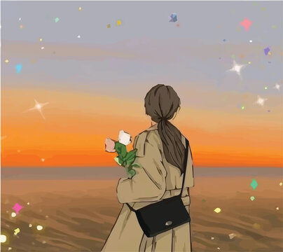 anime girl on the beach with flower digital art, illustration