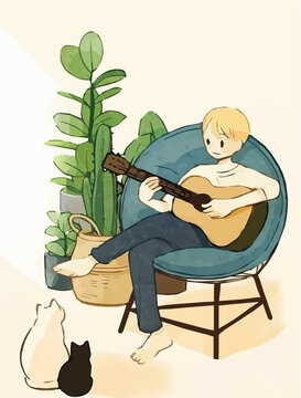 anime boy playing guitar digital art, illustration