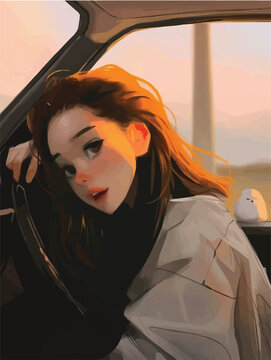 anime girl in the car digital art, illustration