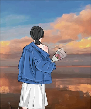 anime girl with flower enjoying sunset digital art, illustration