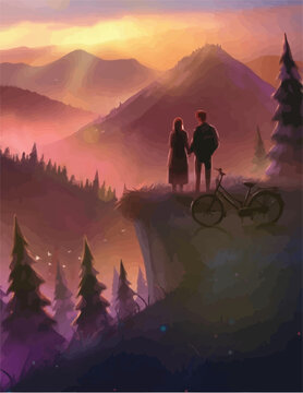 anime couple enjoying sunset digital art, illustration