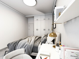 3D rendering, clean and tidy Nordic style bedroom design
