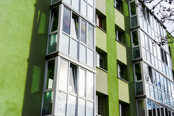 Renovated and renewed exterior complex of blocks of flats.Building has colorful facade.
