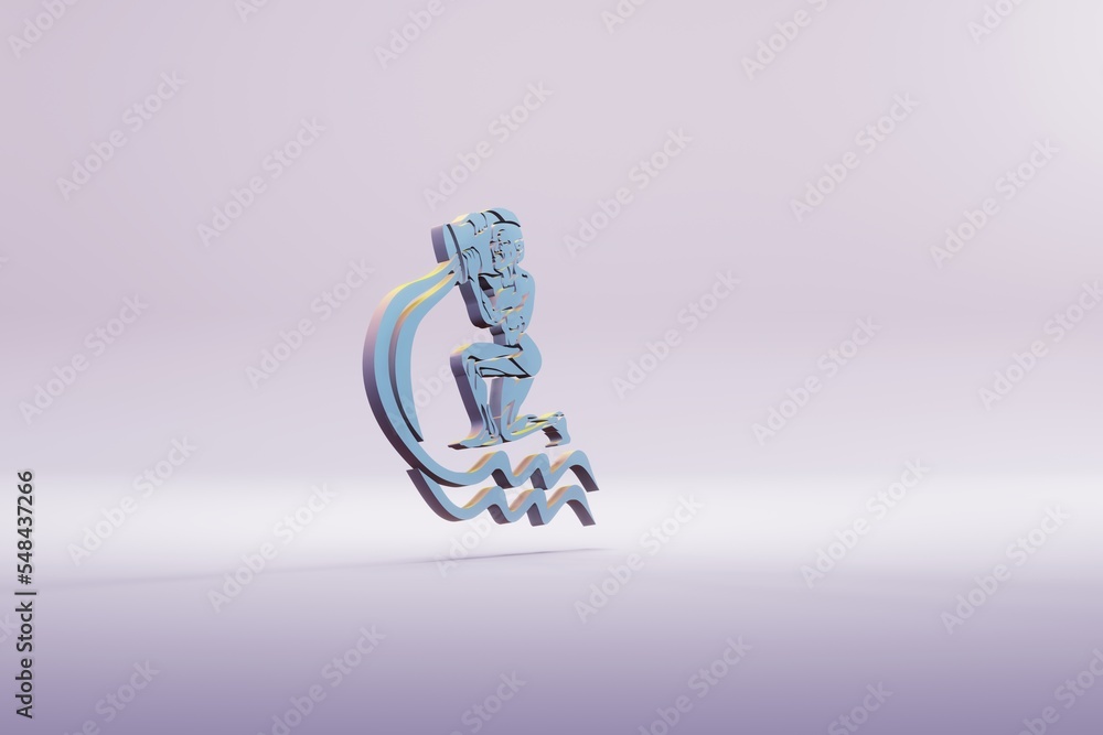 Poster beautiful illustration blue zodiac sign aquarius symbol icons on a bright pink background. 3d render