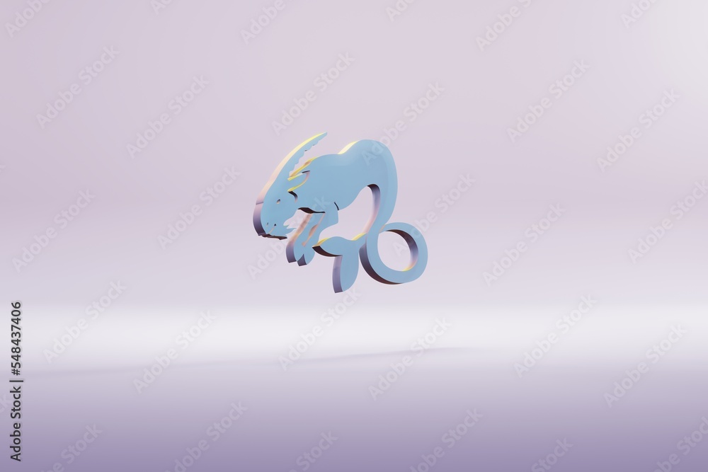 Poster beautiful illustration blue zodiac sign aries symbol icons on a bright pink background. 3d rendering