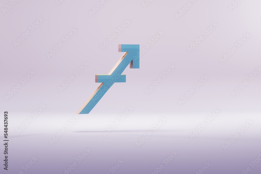 Poster beautiful illustration blue zodiac sagittarius symbol icons on a bright pink background. 3d renderin