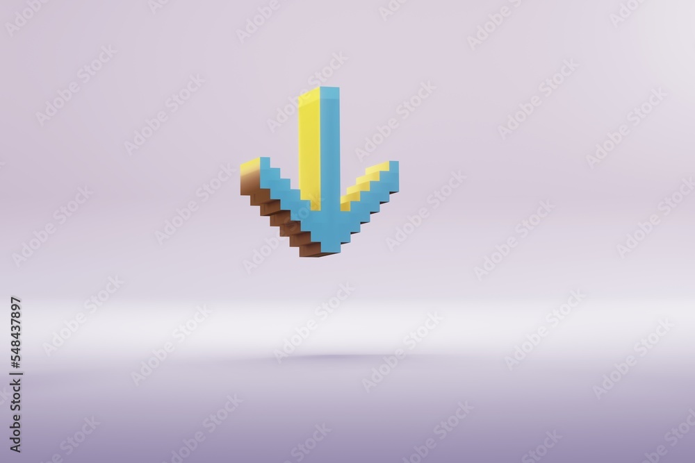 Poster beautiful illustration blue pixel arrow down symbol icons on a bright pink background. 3d rendering 