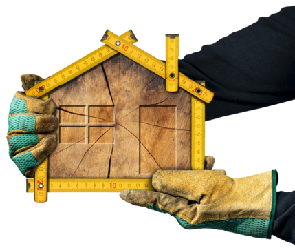 Carpenter with protective work gloves holding a wooden yellow folding ruler in the shape of house with a cross section of a tree trunk inside, isolated on white or transparent background, png.