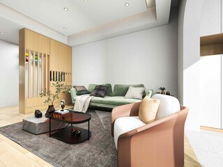 3D rendering, wooden Nordic style living room design