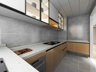 3D rendering, bright kitchen design