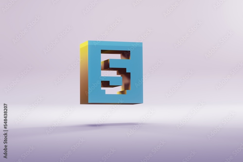 Poster beautiful illustration blue pixel number 5 symbol icons on a bright pink background. 3d rendering il