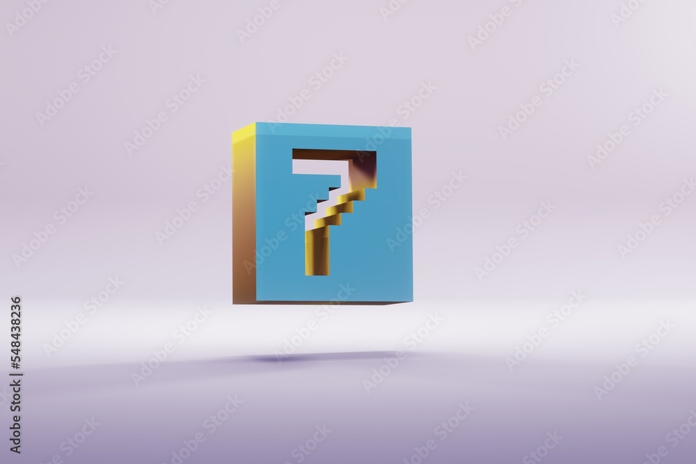 Poster beautiful illustration blue pixel number 7 symbol icons on a bright pink background. 3d rendering il