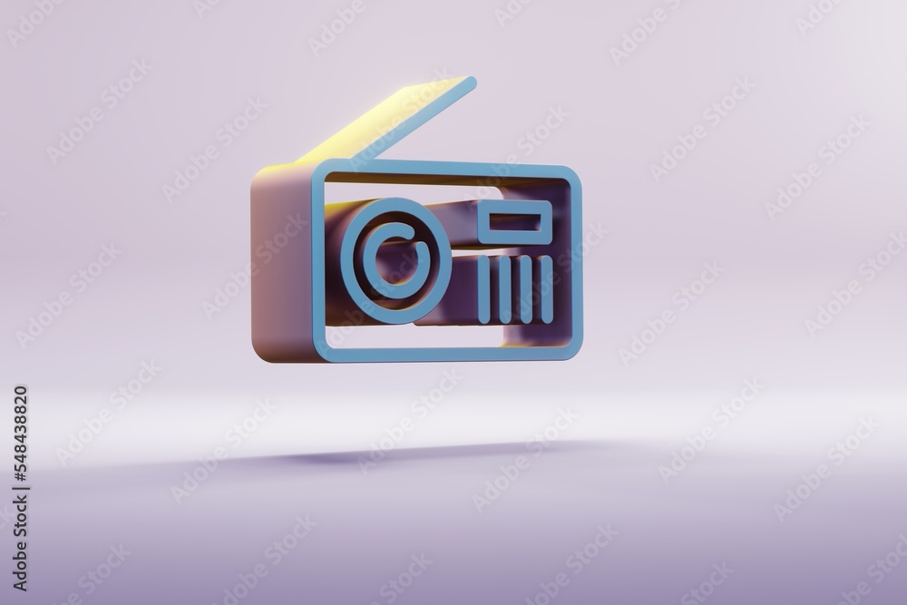 Poster beautiful illustration blue old radio with short antenna symbol icons on a bright pink background. 3