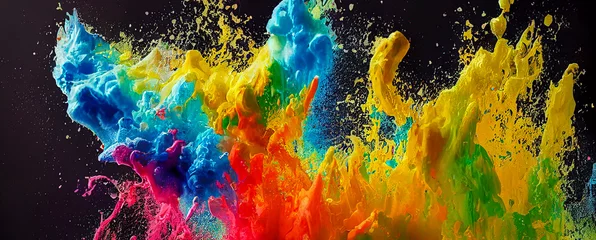 Rolgordijnen panorama Exploding liquid paint in rainbow colors with splashes header generative ai illustration © Animaflora PicsStock