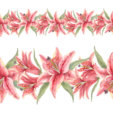 Oriental hybrid lilies. Pink lily flowers. Watercolor seamless border. Hand-drawn art for greeting cards, invitations and interior decoration. Artistic illustration