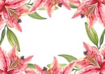 Oriental hybrid lilies. Pink lily flowers and buds. Greeting card template. Watercolor illustration