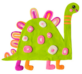 Cute cartoon comic funny handmade clay plasticine prehistoric dinosaur animal smiling character. Nursery modeling figure baby shower collection isolated on white background.