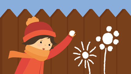 Boy painting with snow on the fence