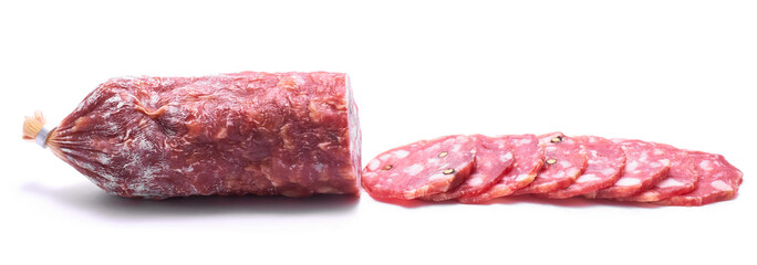 Sliced Smoked dry Salami sausage isolated on white background