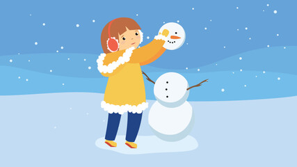 Girl in winter headphones puts her head on a snowman