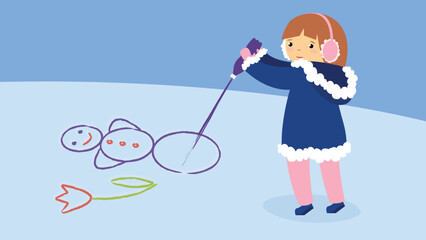A girl paints a snowman and a flower in the snow