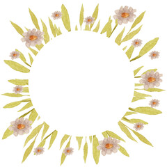 A wreath of green leaves with daisies is painted in watercolor, on a white background, for your design. Spring, gentle.