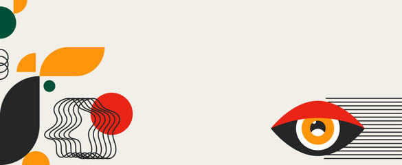 Bauhaus geometric web banner. Abstract design with different shapes and eyes. 