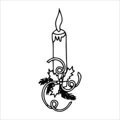 Single hand drawn candle for New Year and Xmas greeting cards, posters, stickers and seasonal design. Isolated on white background. Doodle vector illustration.