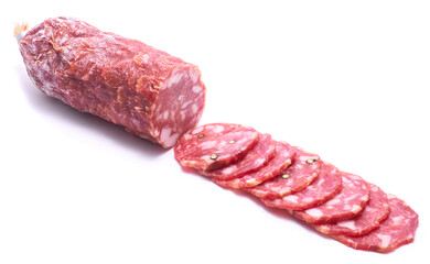 Sliced Smoked dry Salami sausage isolated on white background