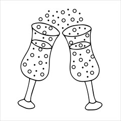 Couple hand drawn glasses of champagne for New Year, Xmas, Valentine's day and marriage proposal. Vector illustration.