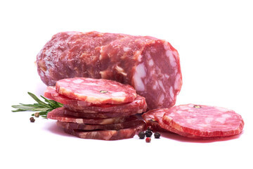 Sliced Smoked dry Salami sausage isolated on white background