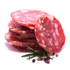 Sliced Smoked dry Salami sausage isolated on white background