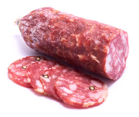 Sliced Smoked dry Salami sausage isolated on white background