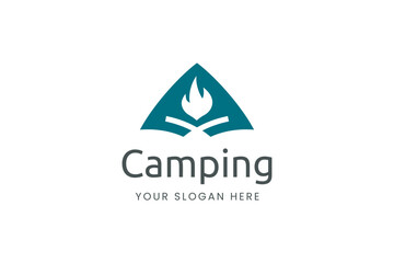 Simple camping logo with tent shape and bonfire